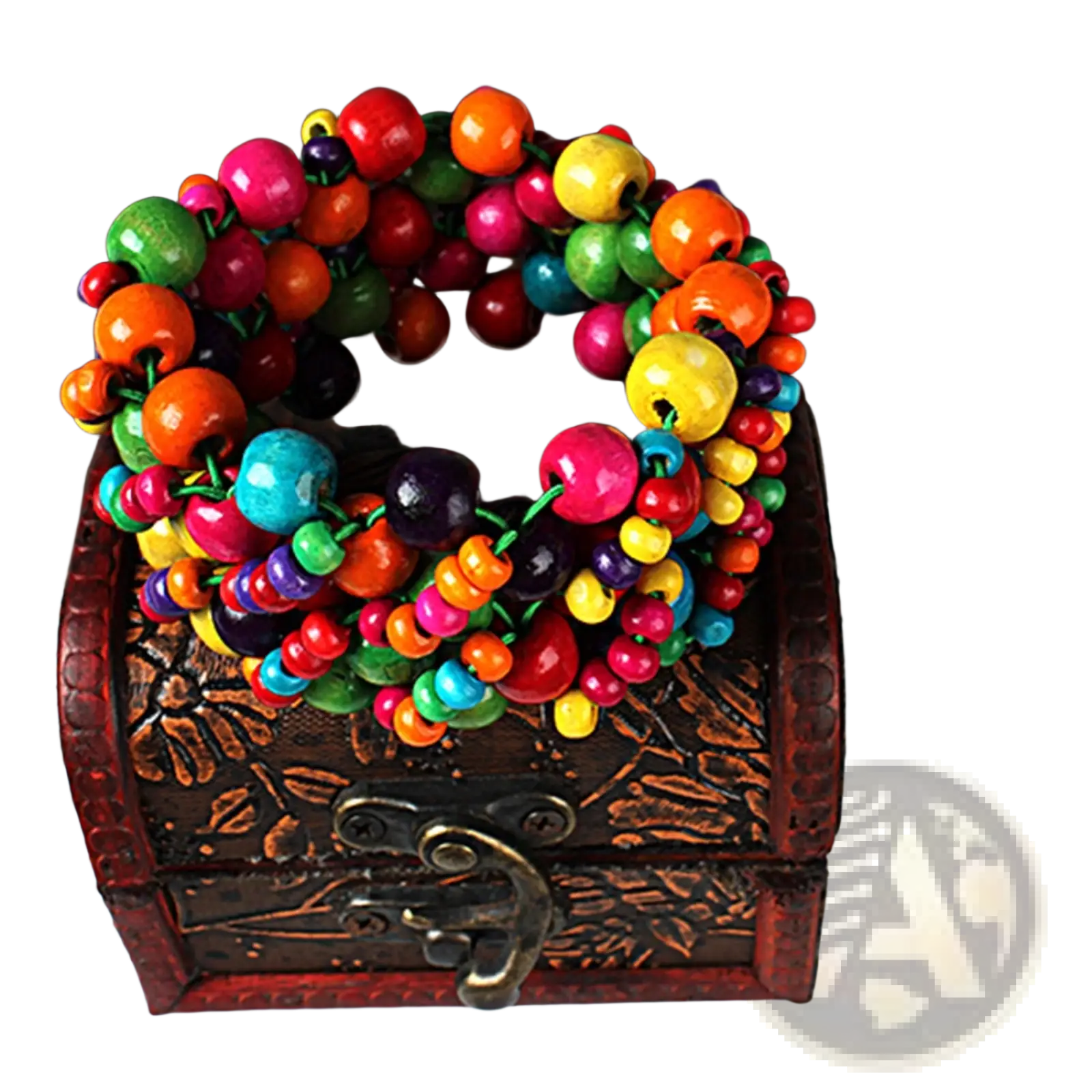 Exotic multicolored wooden beaded stretch bracelet featuring vibrant red orange yellow green blue and purple beads with charms