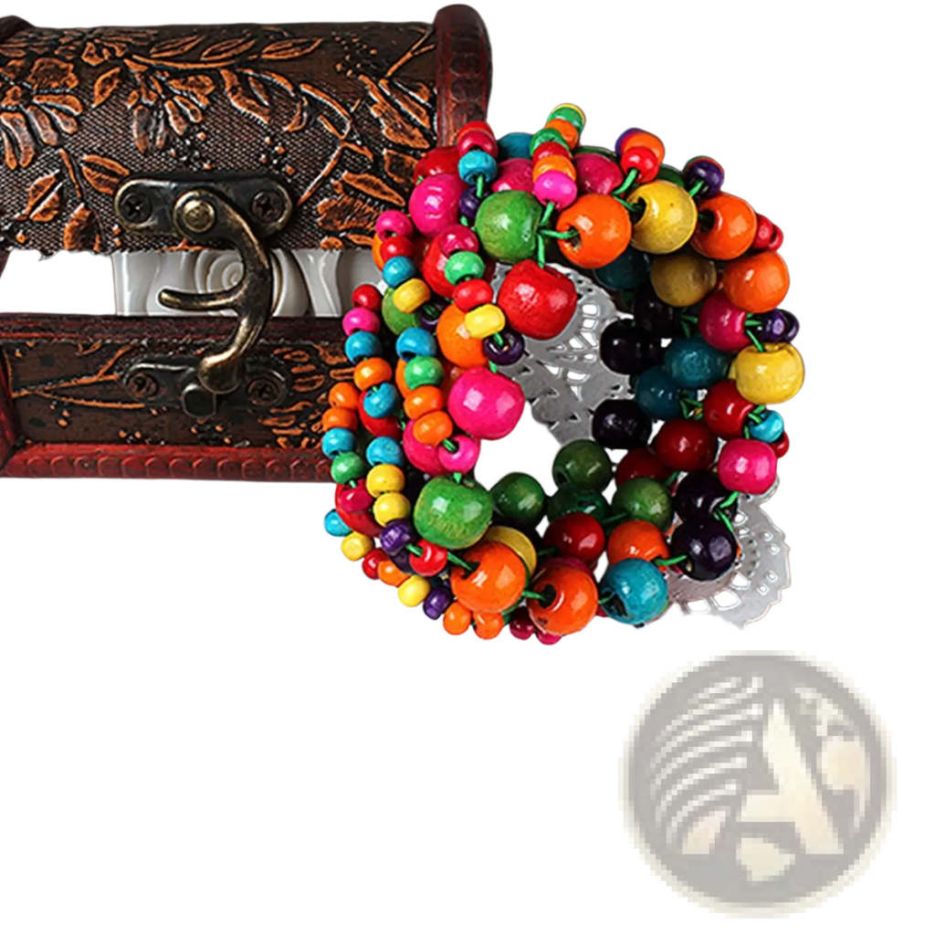 Exotic multicolored wooden beaded stretch bracelet featuring vibrant painted cherry charms and a wreath design