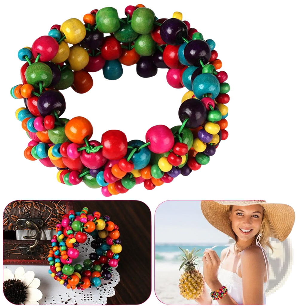 Exotic multicolored wooden beaded stretch bracelet with glossy fruit-shaped charms in red green yellow blue and pink