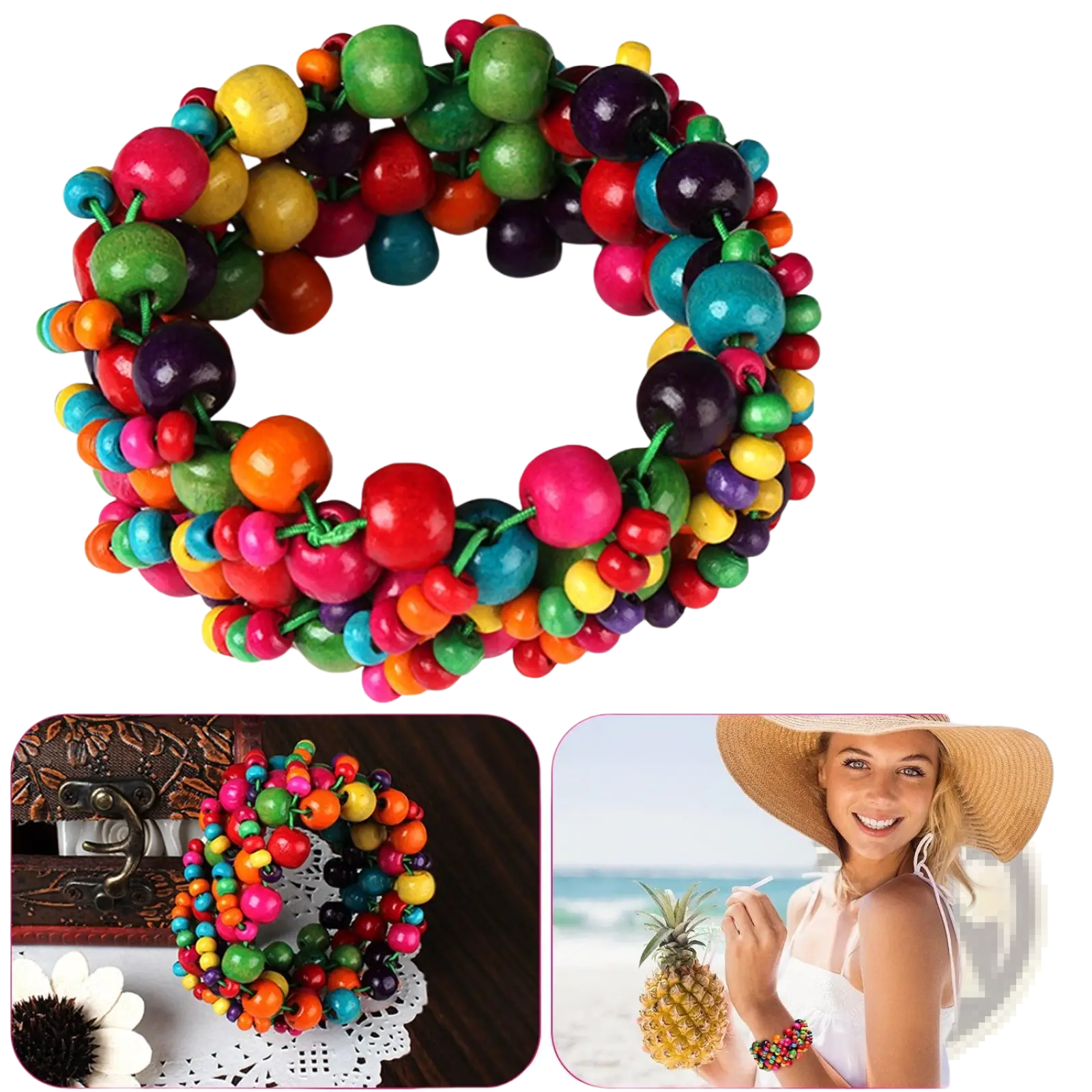 Exotic multicolored wooden beaded stretch bracelet with glossy fruit-shaped charms in red green yellow blue and pink