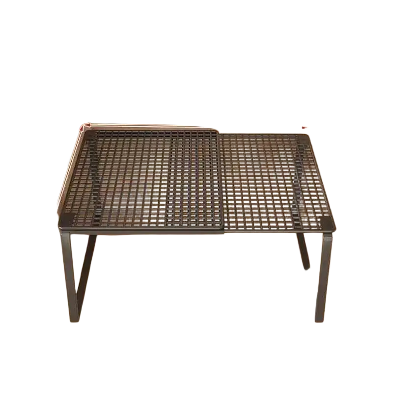 Black metal grid expandable cabinet shelf with adjustable width and sturdy carbon steel legs for versatile storage
