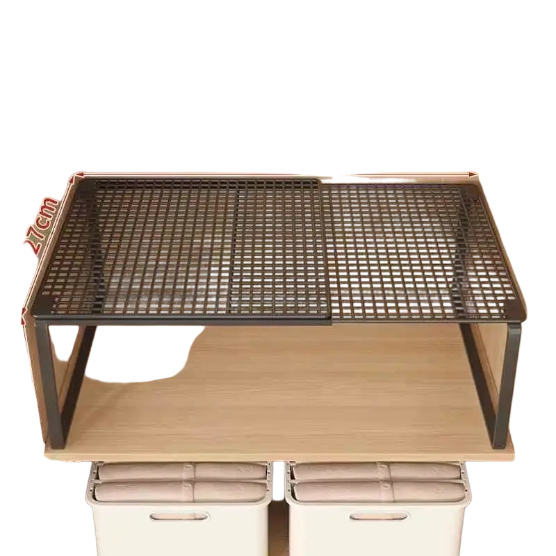 Black metal mesh expandable cabinet shelf with wooden top surface made of carbon steel for adjustable storage