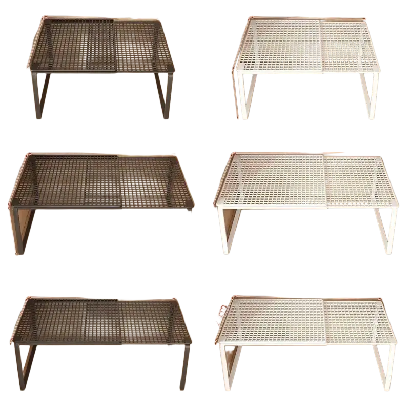 Black and white expandable cabinet shelf organizers made of carbon steel with adjustable height settings