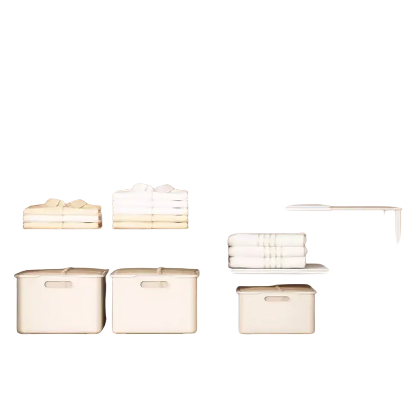 White carbon steel expandable cabinet shelf with two tiers holding folded linens and storage bins