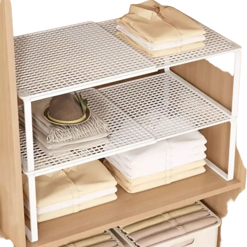 White carbon steel expandable cabinet shelving unit with three tiers and metal mesh design