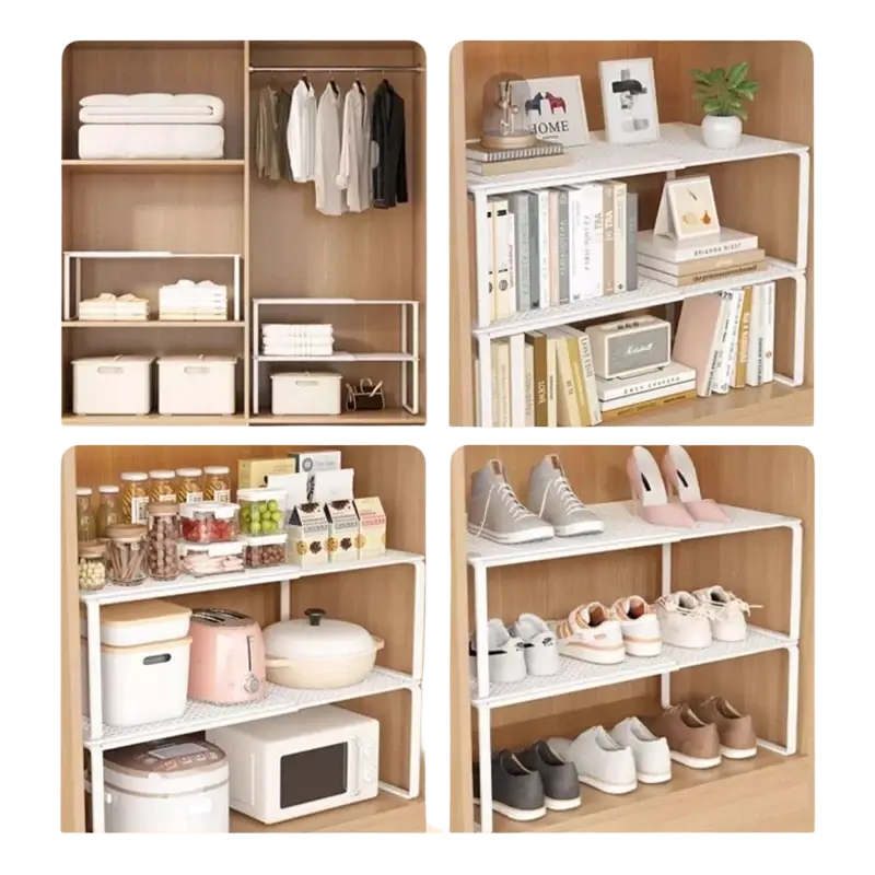 White carbon steel expandable cabinet shelving unit with minimalist design and multiple tiers for versatile storage