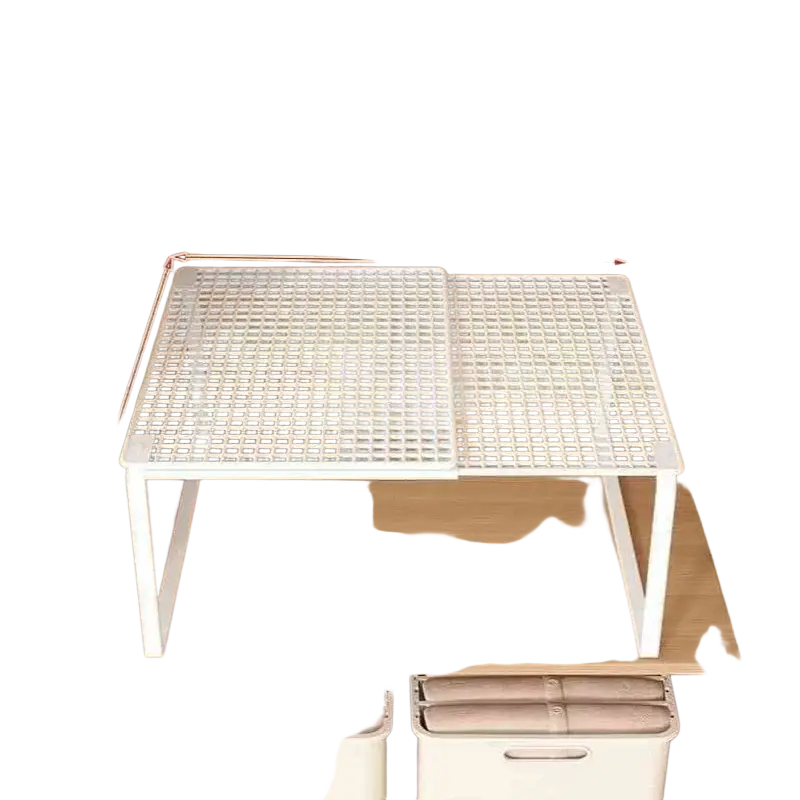 White plastic expandable cabinet shelf with grid pattern and foldable design made of carbon steel for closet organization
