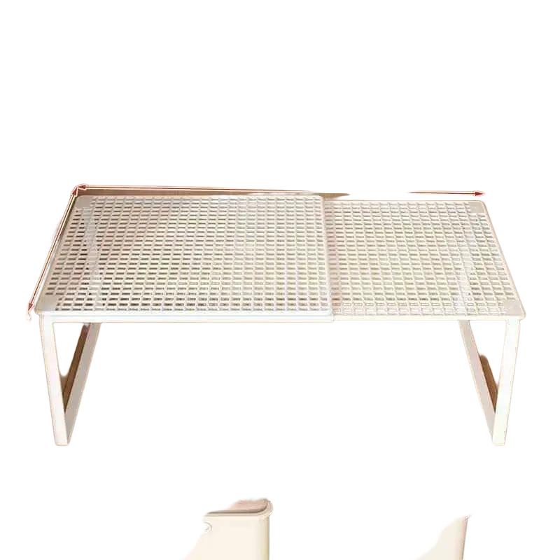 White plastic mesh expandable cabinet shelf with adjustable width and carbon steel sturdy metal legs