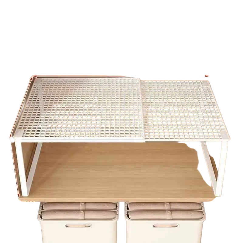 White plastic mesh expandable cabinet shelf with sliding divider for carbon steel closet organization