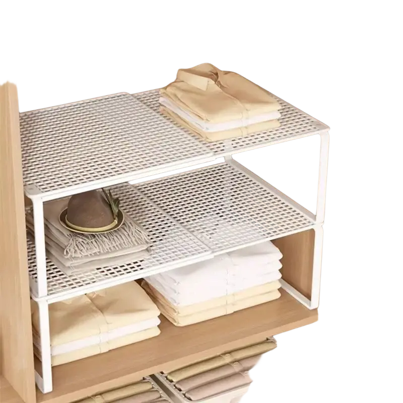 White stackable expandable cabinet shelf with perforated surface and slender frame made of carbon steel