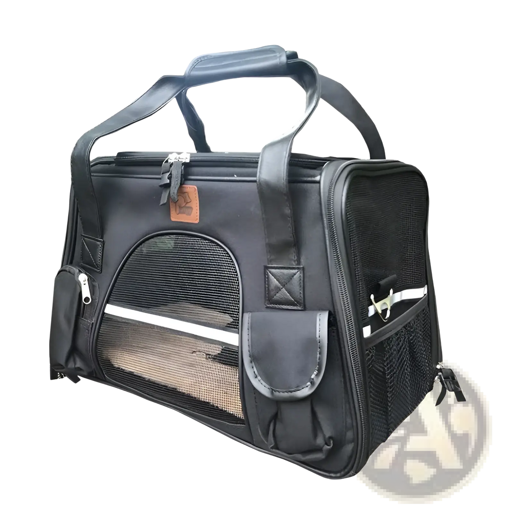 Expandable cat space bag pet carrier in black with mesh sides, reinforced handles, and a front storage pocket