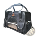 Expandable cat space bag pet carrier in black with mesh sides, reinforced handles, and a front storage pocket