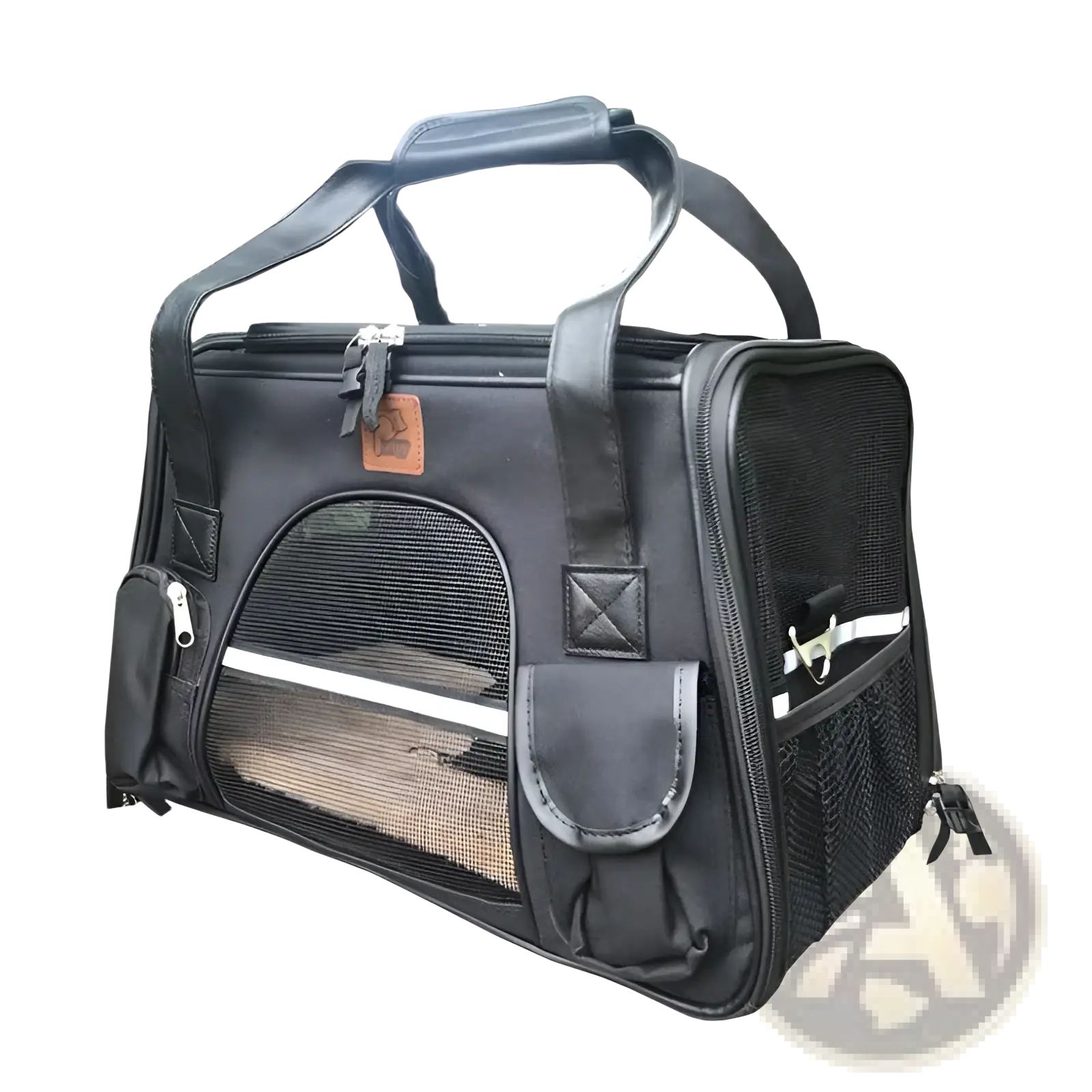 Expandable cat space bag pet carrier in black with mesh sides, reinforced handles, and a front storage pocket