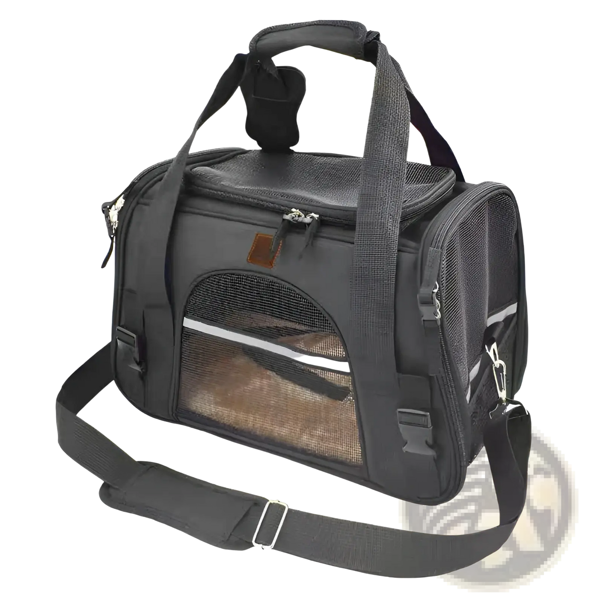 Black mesh expandable cat space bag pet carrier with sturdy fabric straps and padded handle for comfortable transport