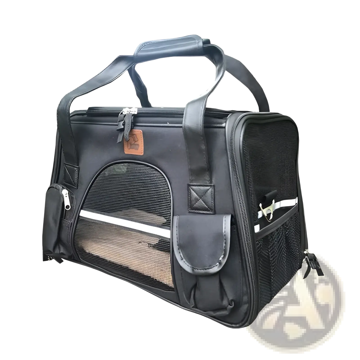 Black expandable cat space bag pet carrier with mesh sides reinforced handles and small leather patch on front