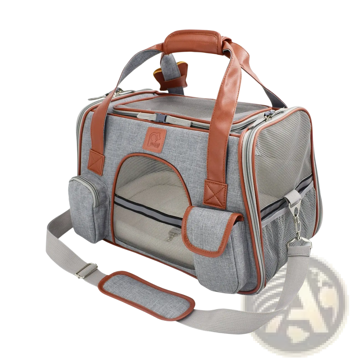Expandable cat space bag pet carrier in gray and brown with mesh sides and leather-like handles and straps