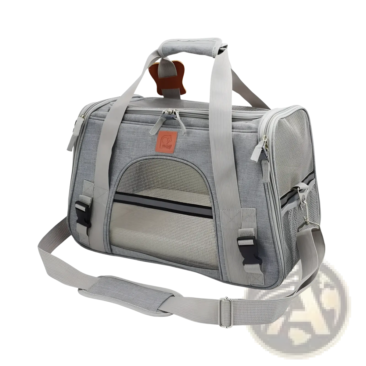 Expandable cat space bag pet carrier in gray with mesh sides, adjustable shoulder straps, multiple zippers, and top handle
