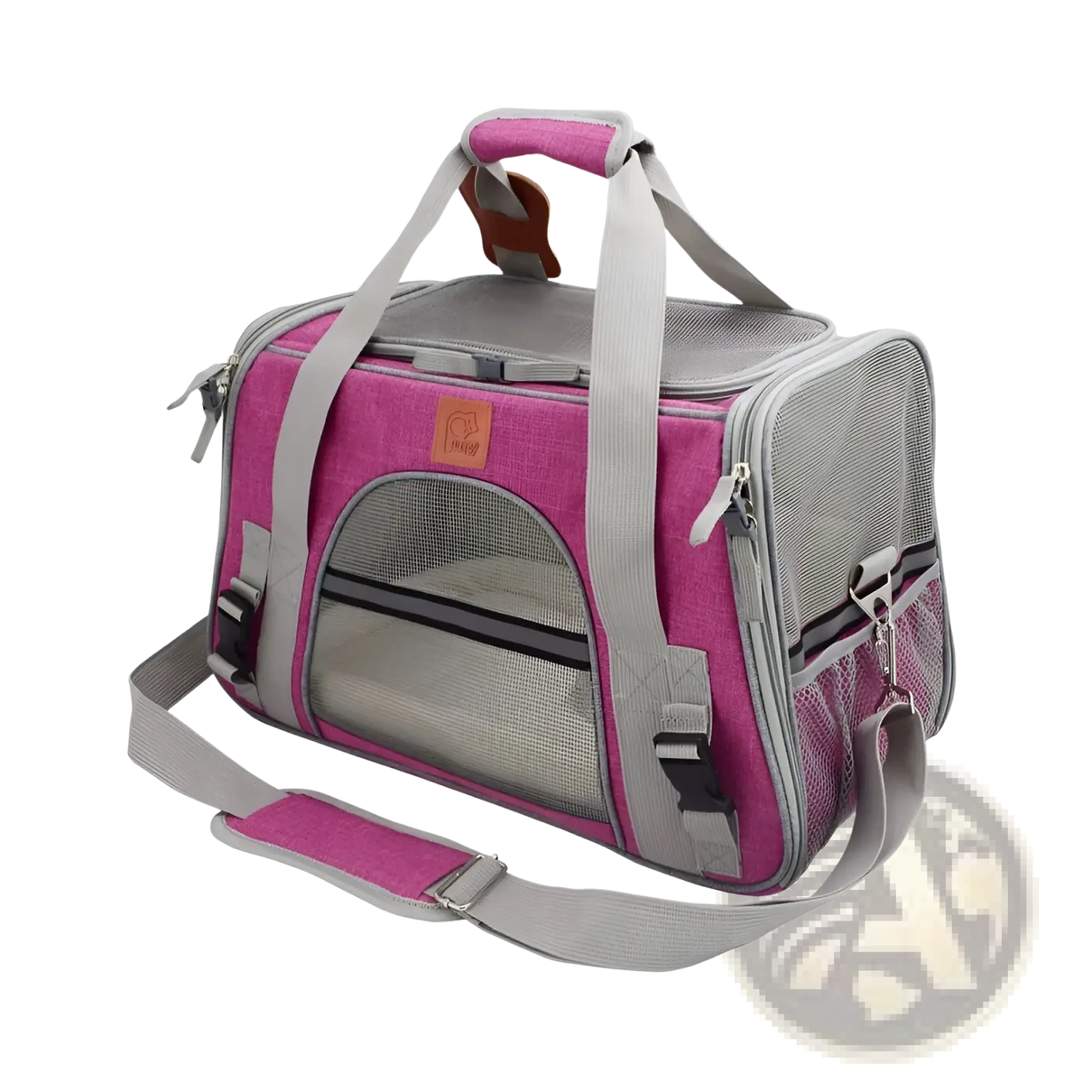 Expandable cat space bag pet carrier in pink and gray with mesh sides, top handle, adjustable shoulder strap, and zipper closures