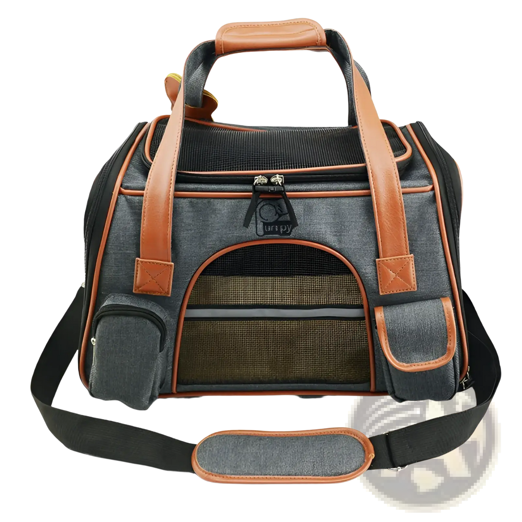 Expandable cat space bag pet carrier in gray and brown with mesh sides leather accents and detachable shoulder strap