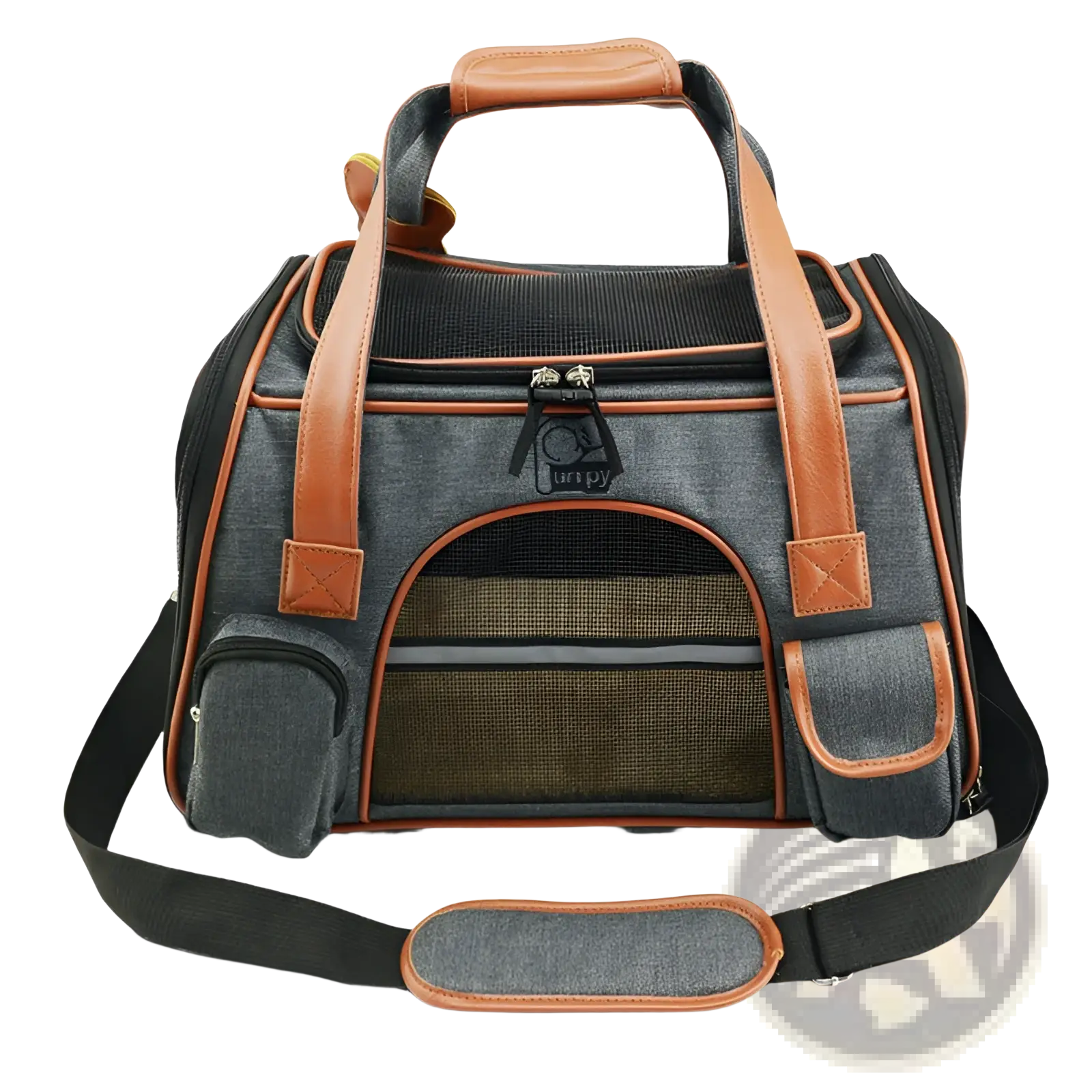 Expandable cat space bag pet carrier in gray and brown with mesh sides leather accents and detachable shoulder strap