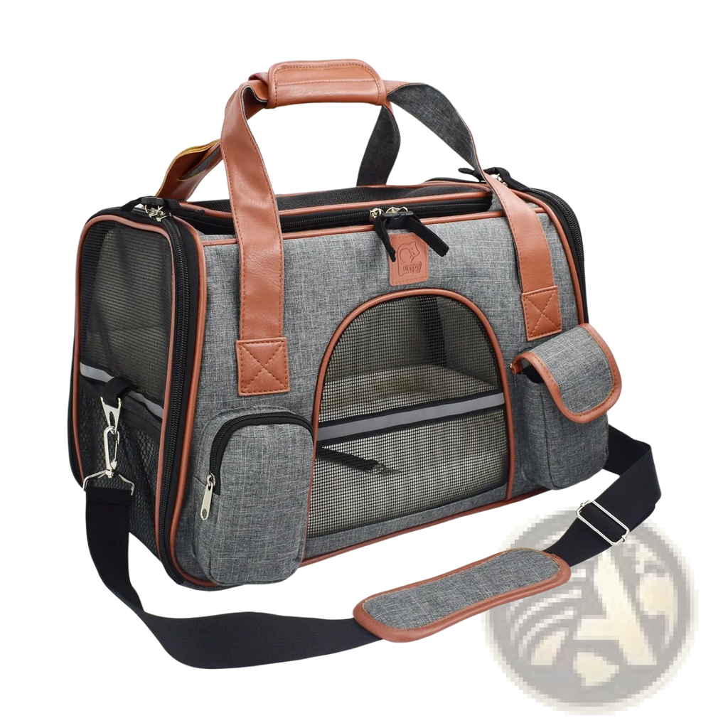 Expandable cat space bag pet carrier in gray and brown with mesh sides and leather-like handles and straps