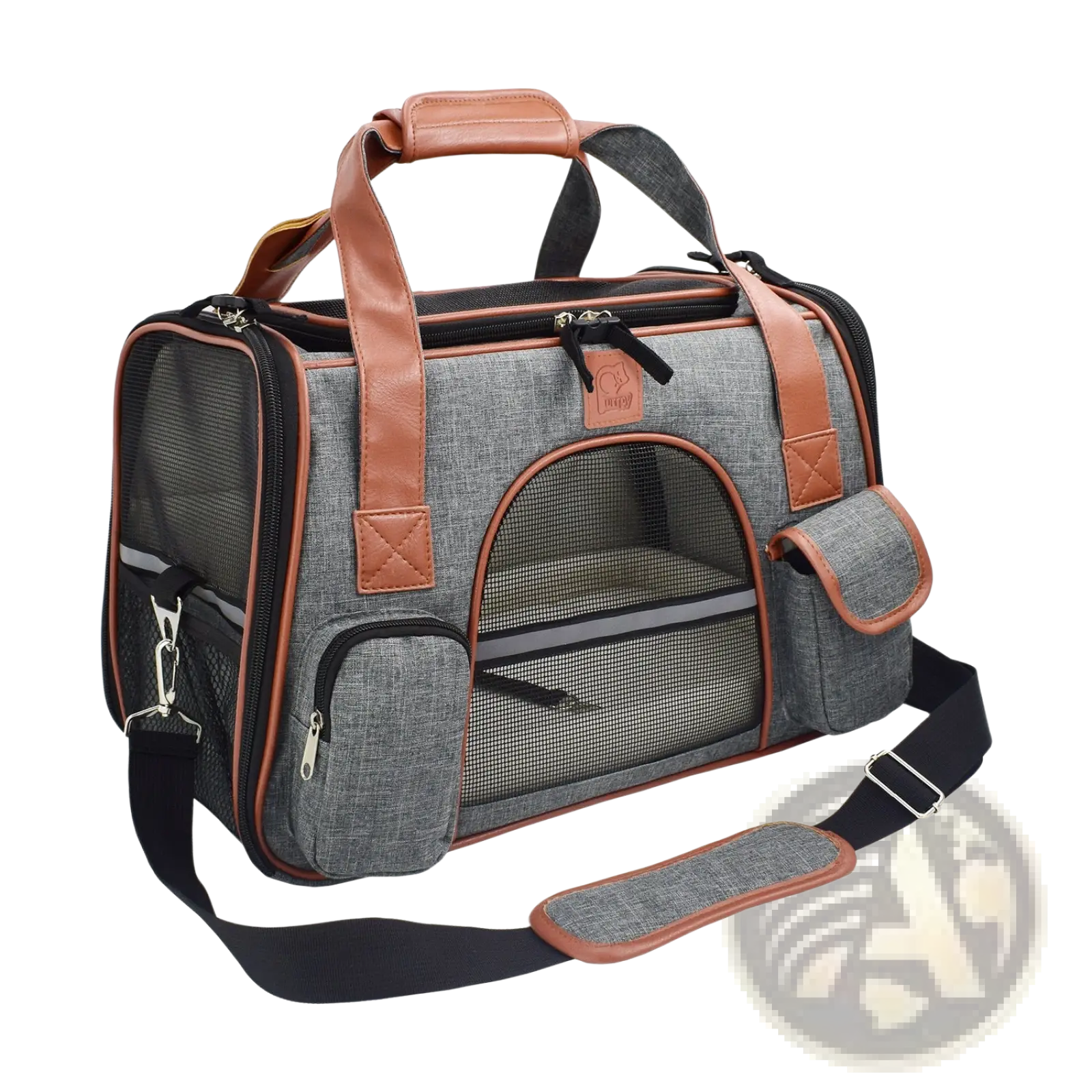Expandable cat space bag pet carrier in gray and brown with mesh sides and leather-like handles and straps