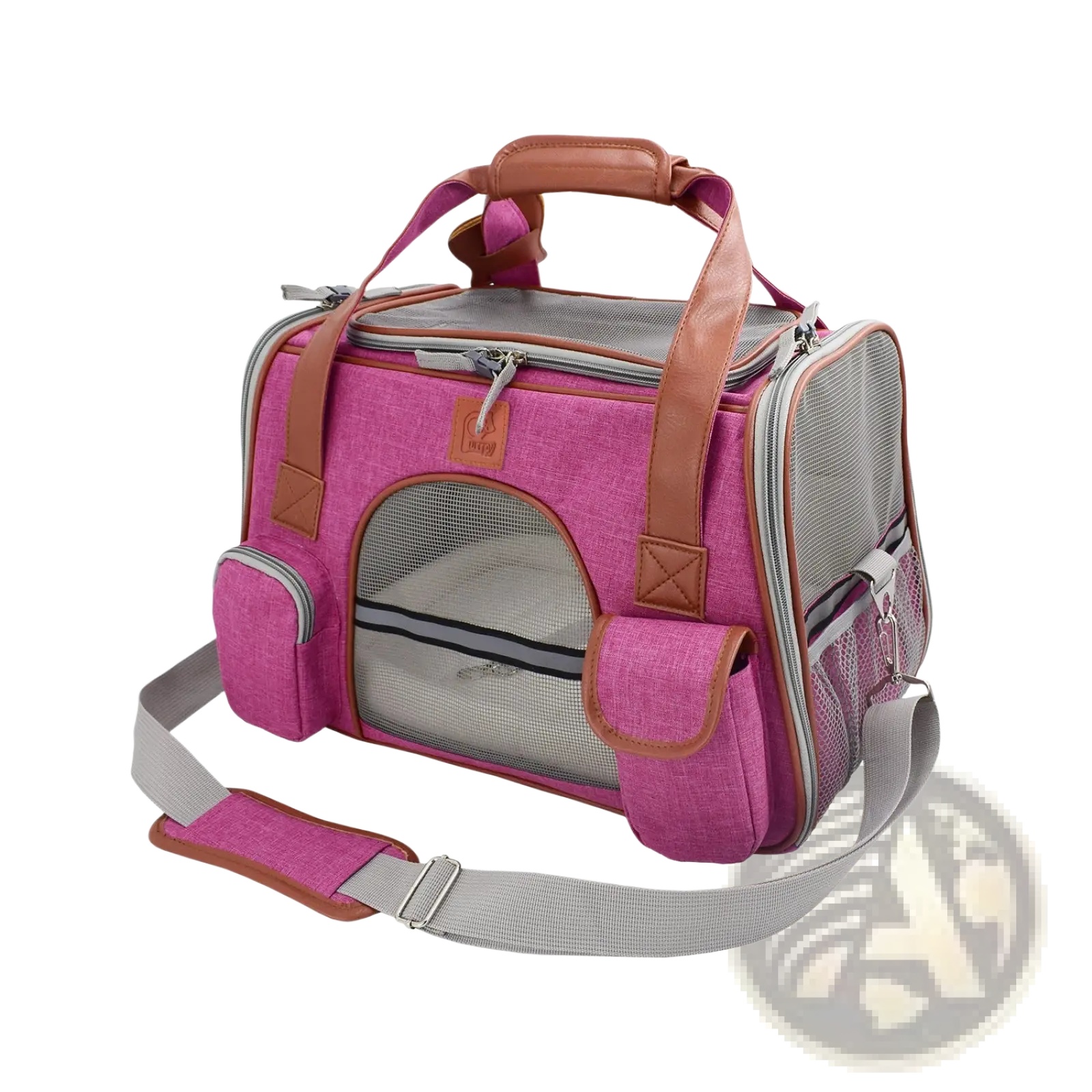 Expandable cat space bag pet carrier in pink and gray with brown leather accents designed for easy pet transport