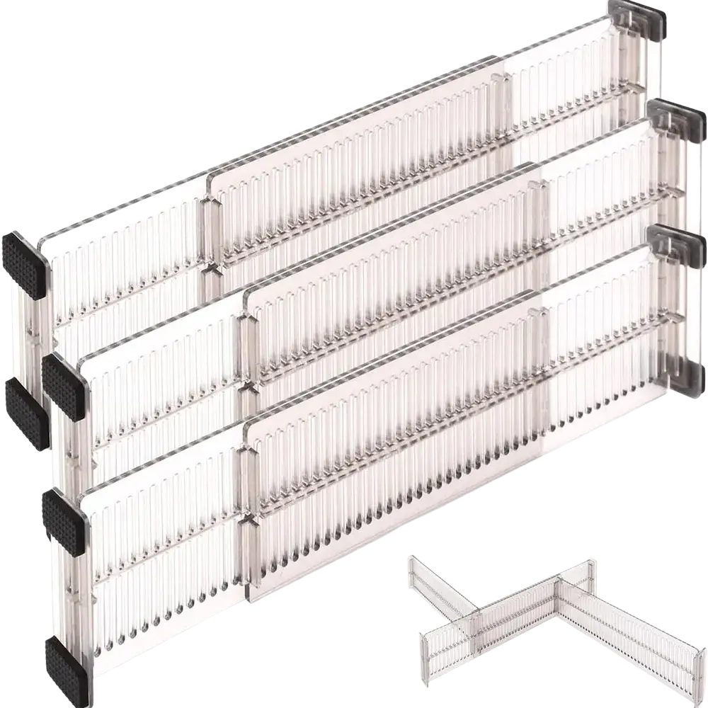 Expandable clear plastic drawer dividers with adjustable grid design and black rubber feet for organized storage