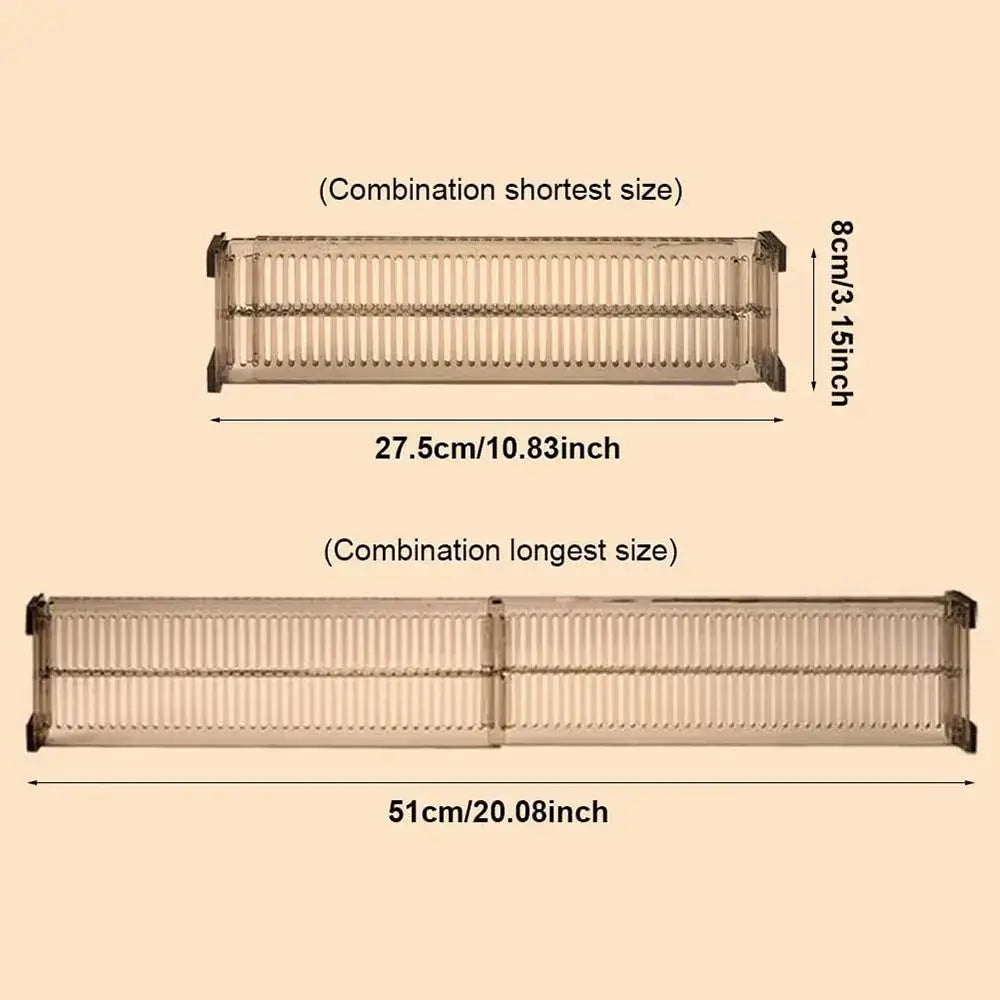 Expandable clear plastic drawer dividers with two ribbed horizontal shelves in shortest 27.5cm or longest 51cm size