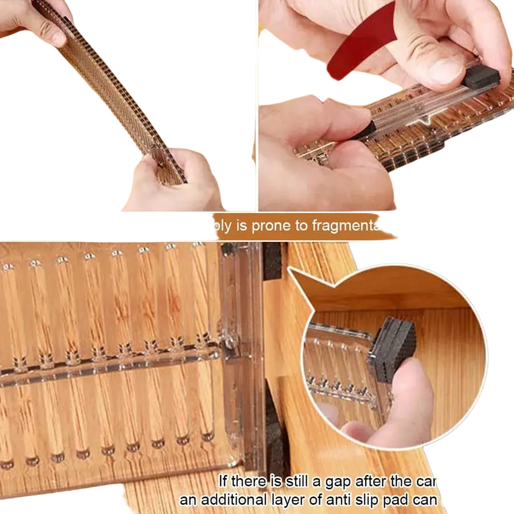 Expandable clear plastic drawer divider featuring a transparent card holder with black rubber grip and metal slider mechanism