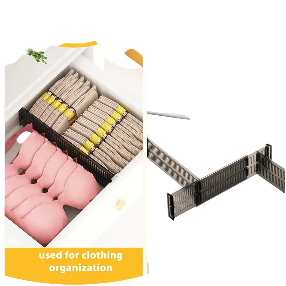 Black plastic right-angle expandable drawer divider with ridged sides and interlocking tabs for organizing clothing