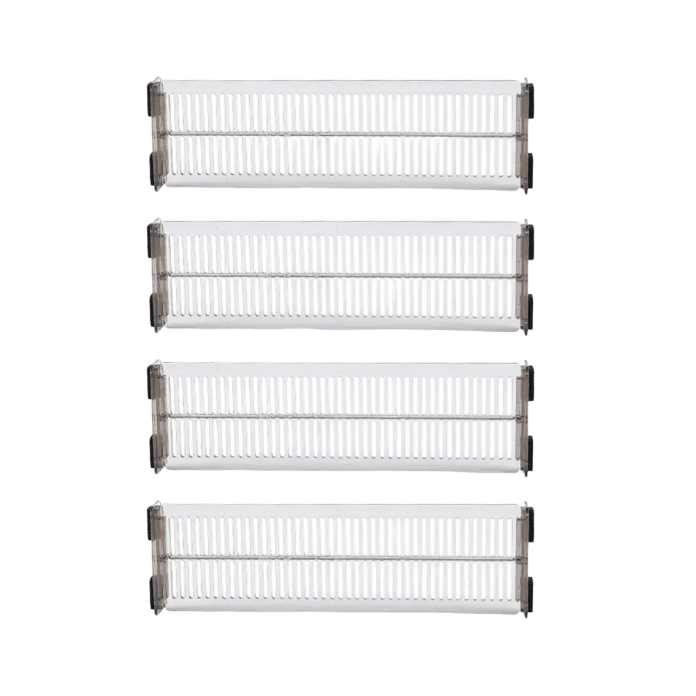 Four clear plastic expandable drawer dividers with black clips and slatted design for adjustable storage organization