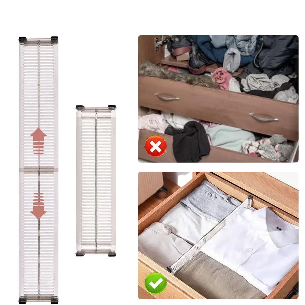 Expandable clear plastic drawer dividers with metal accordion-style design for adjustable organization