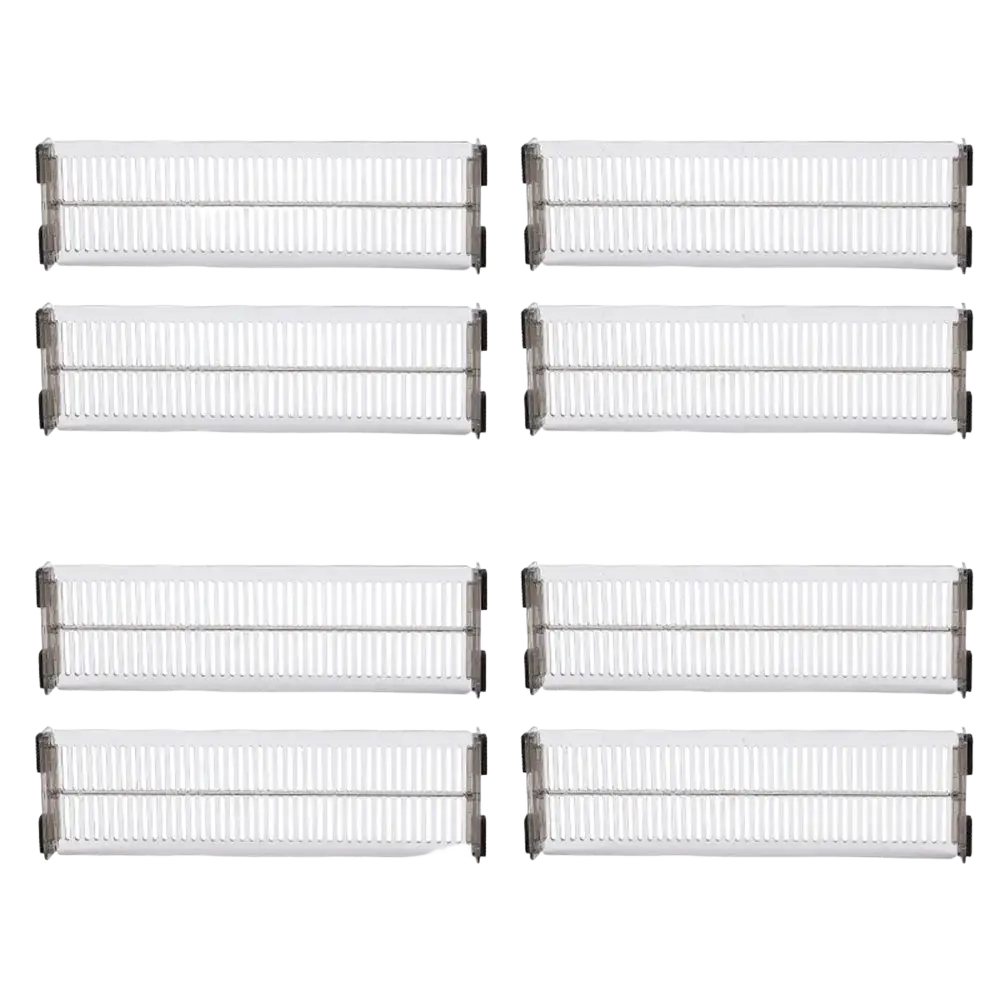 Clear plastic storage bins with black metal frames and vertical slats in expandable clear plastic drawer dividers organizer