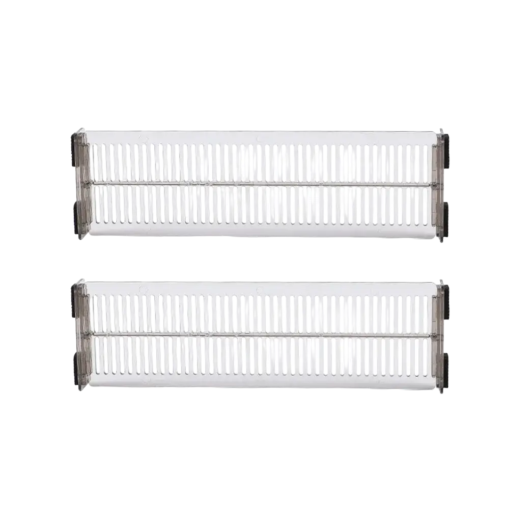 Expandable clear plastic drawer dividers with black side clips and grid pattern for adjustable organization