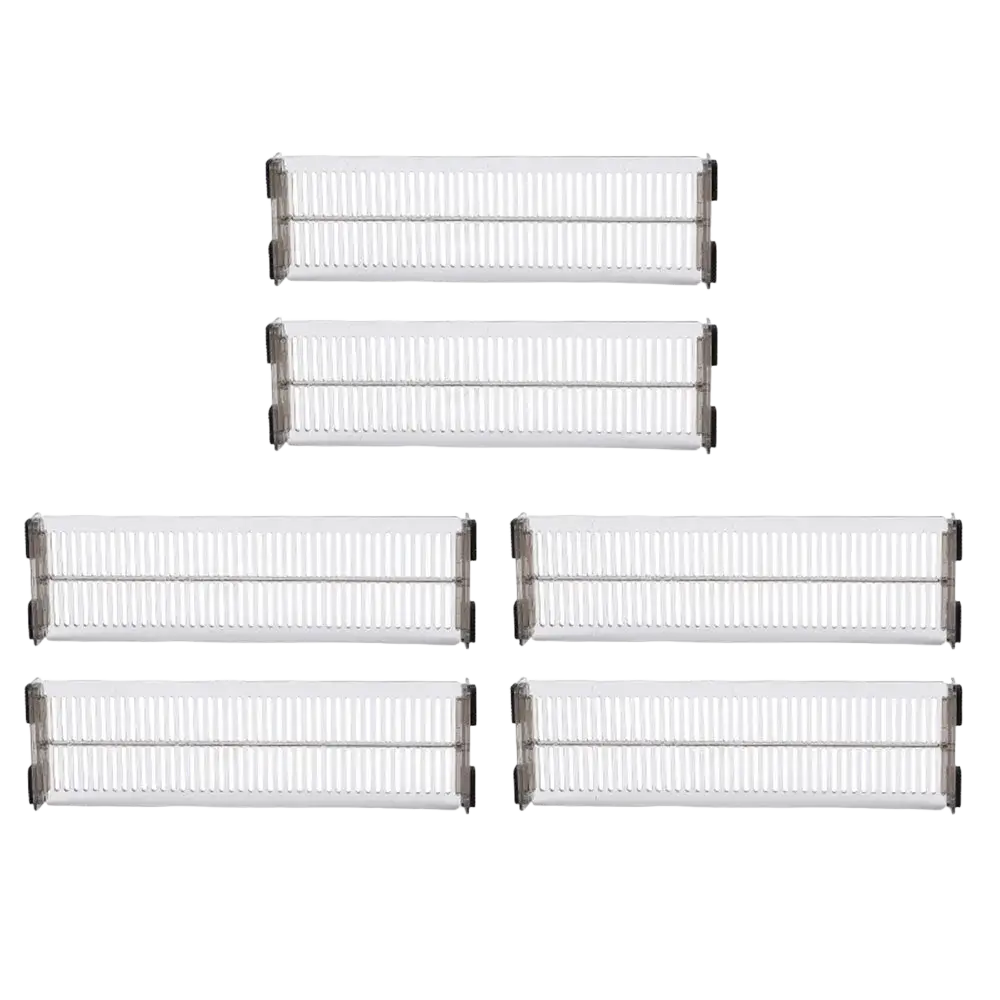 Expandable clear plastic drawer dividers with black end caps and ribbed interior design for adjustable storage organization