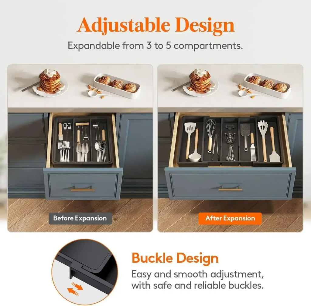 Adjustable kitchen silverware drawer organizer tray with black plastic compartments and wooden handles expands from three to five sections