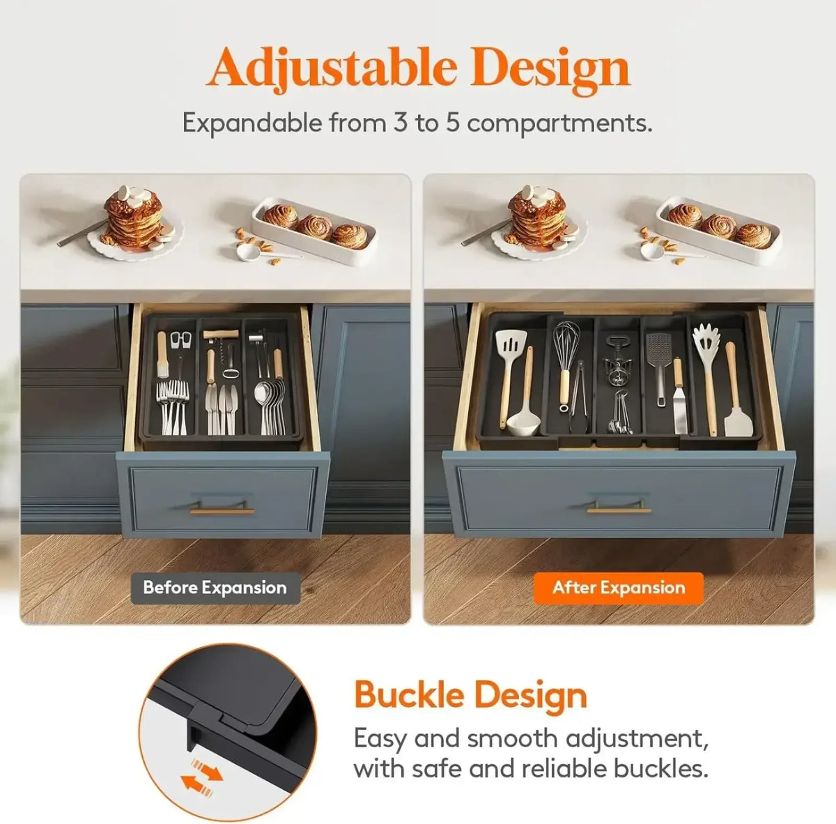 Adjustable kitchen silverware drawer organizer tray with black plastic compartments and wooden handles expands from three to five sections