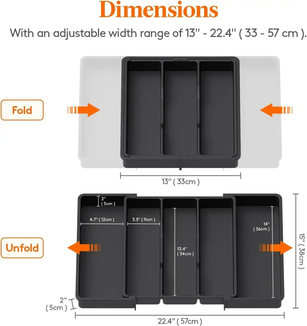 Black plastic expandable kitchen silverware drawer organizer tray with adjustable width and three compartments