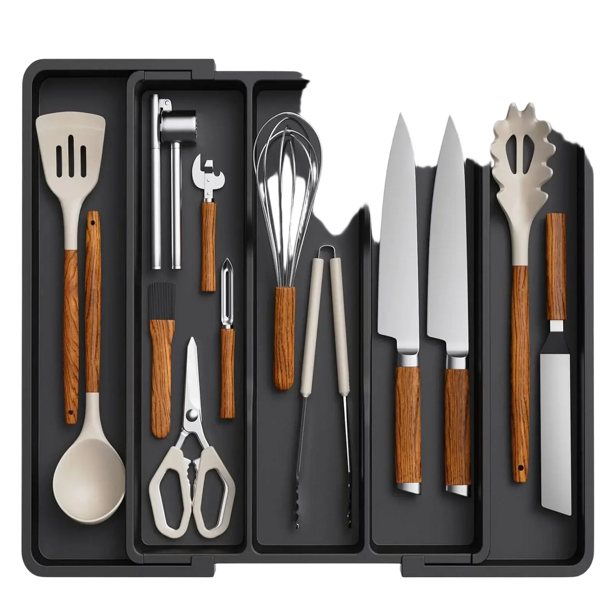 Black silicone expandable kitchen silverware drawer organizer tray with wooden handles and stainless steel blades