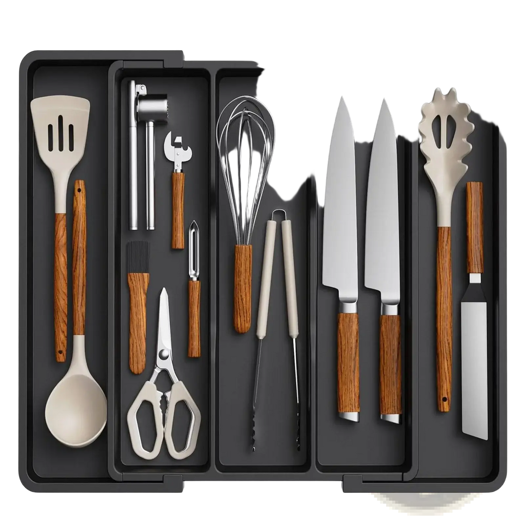 Black silicone expandable kitchen silverware drawer organizer tray with wooden handles and stainless steel blades