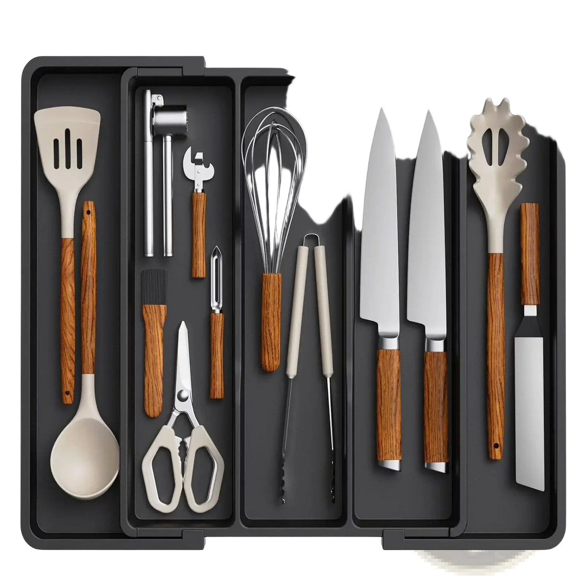 Black silicone expandable kitchen silverware drawer organizer tray with wooden handles and stainless steel blades