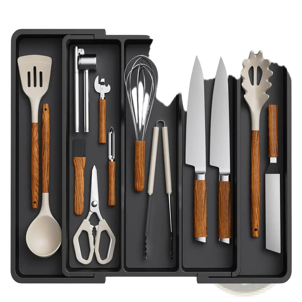 Expandable kitchen silverware drawer organizer tray with black compartments holding utensils with wooden handles and stainless steel blades