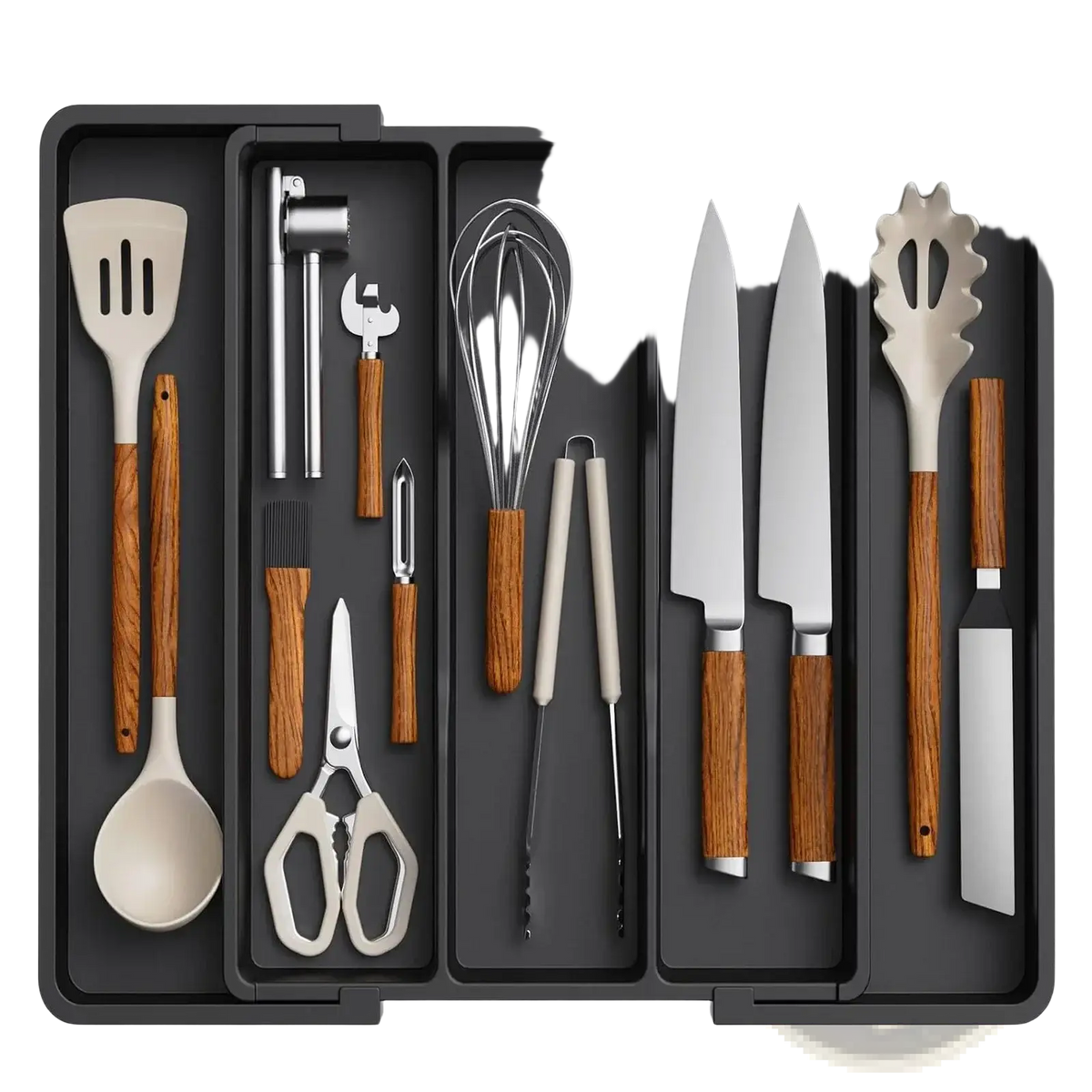 Expandable kitchen silverware drawer organizer tray with black compartments holding utensils with wooden handles and stainless steel blades