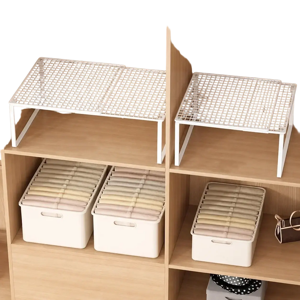 Expandable metal closet shelf white mesh organizer with grid pattern and slender legs for efficient storage