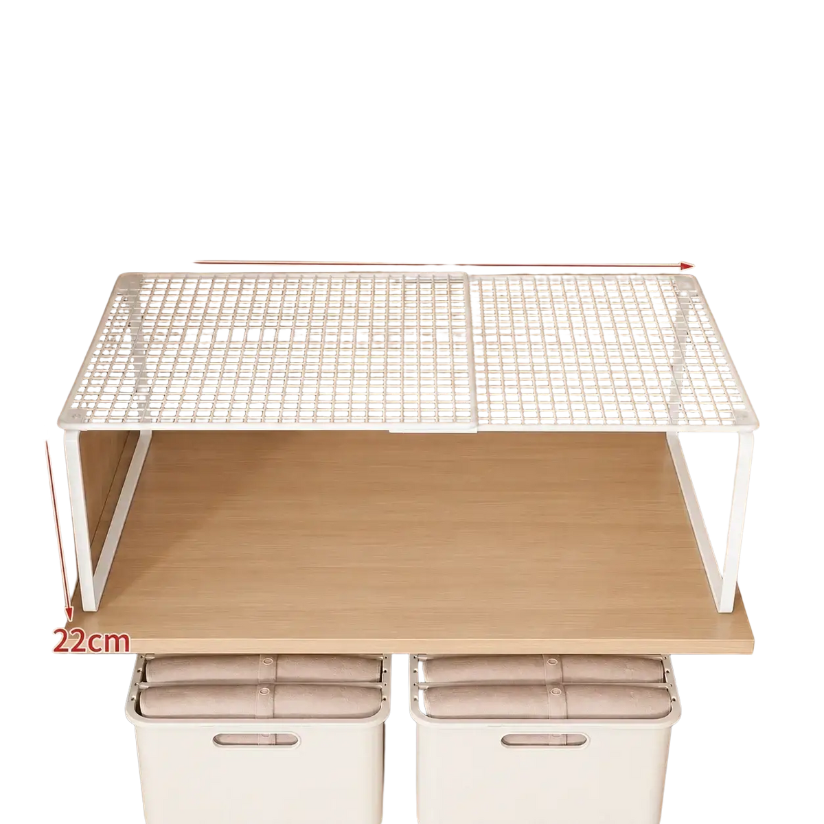 White metal mesh expandable closet shelf with adjustable width and height for efficient cabinet storage organization