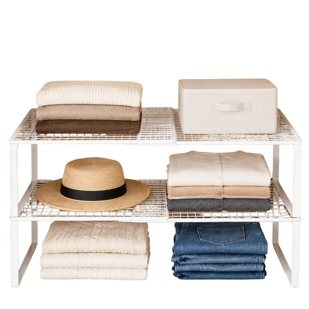 White metal mesh shelf organizer with expandable design for versatile closet storage and organization