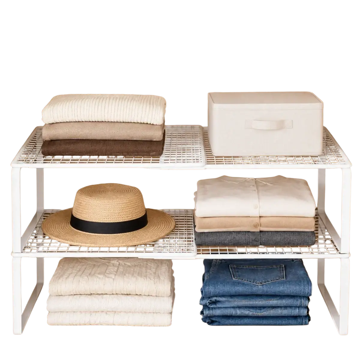 White metal mesh shelf organizer with expandable design for versatile closet storage and organization
