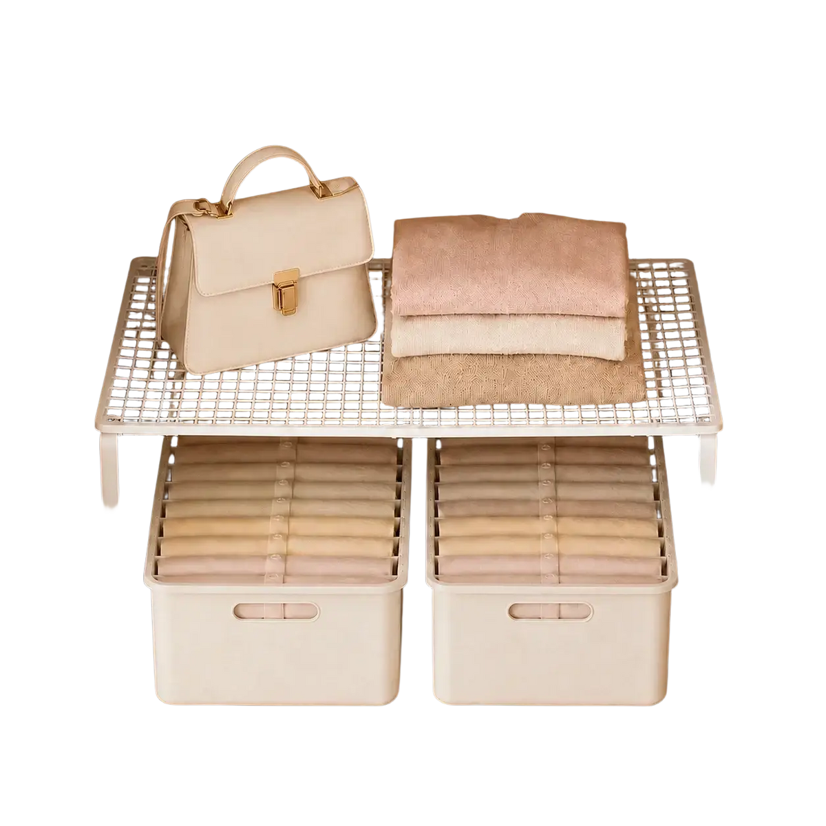Cream-colored handbag with gold-tone clasp and handles on expandable metal closet shelf white mesh organizer