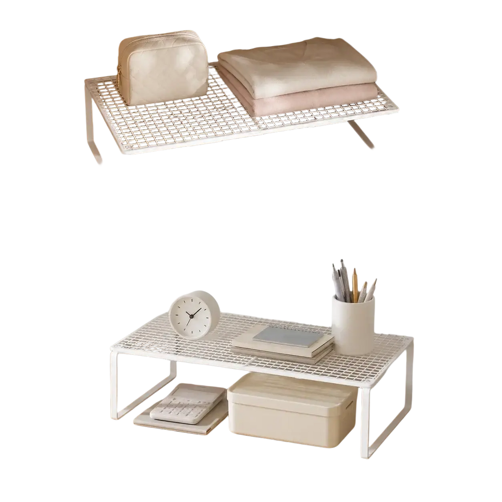 White metal grid shelf with minimalist design featuring expandable white mesh for closet organization and storage
